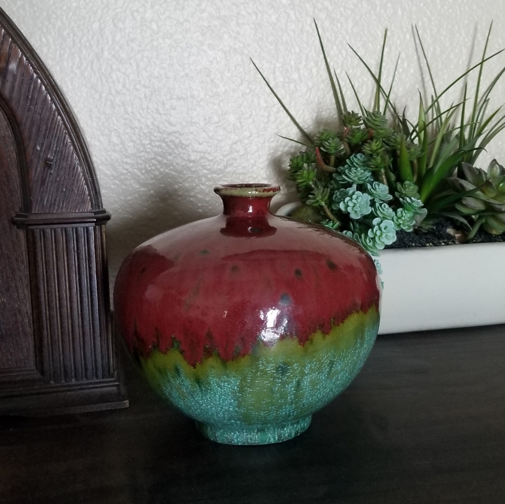 Stoneware Pottery Vase‎ Drip Glaze on Multicolor Maroon Green Teal 6"